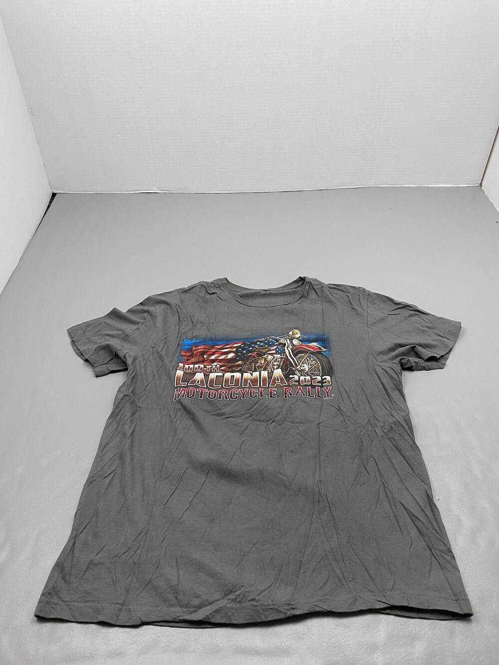 Laconia Shirt Mens L Gray Motorcycle Rally 2023 Graphic Tee Crewneck Flag